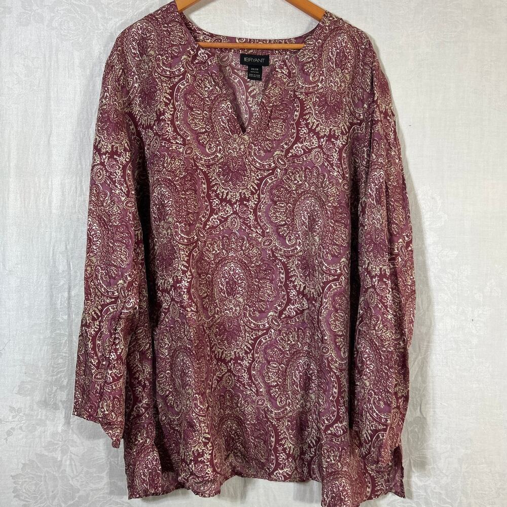 Lane Bryant Blouse 26 28 Mauve Print 100% Silk V Neck Asymmetric Sleeves